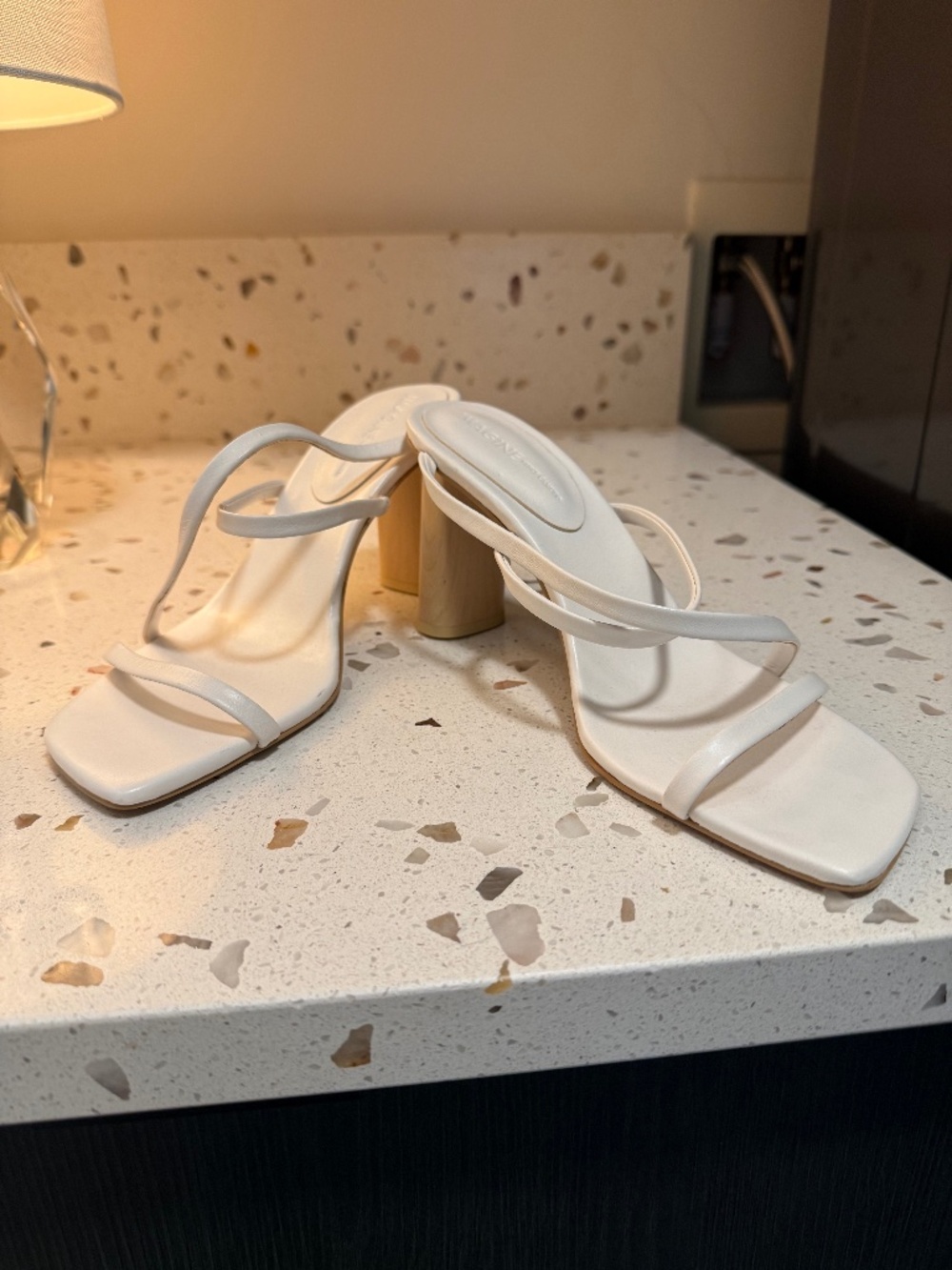 Vince Camuto white strappy sandals with wood heel
